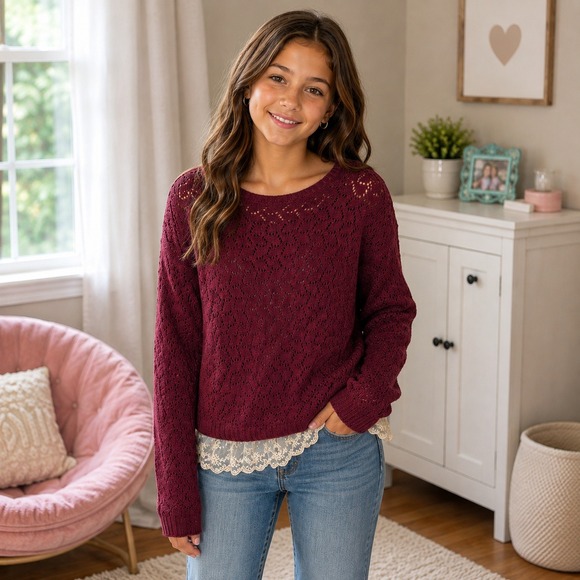 Justice Other - Justice Big Girls Size 16 Open Knit Sweater Lace Trim Berry Metallic
